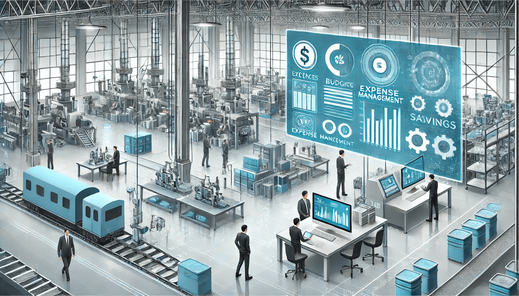 A professional illustration of a manufacturing facility with automated expense management processes. 